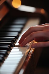 Close-up of a hand playing a piano keyboard.