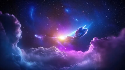 Obraz premium A vibrant galaxy nebula background featuring soft cosmic clouds and glowing stars in deep space.