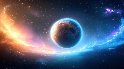 Obraz premium A vibrant galaxy with a detailed planet and swirling nebulas in a cosmic landscape full of stars.