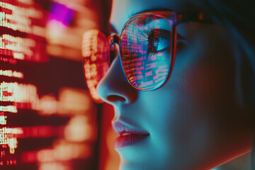 Software, coding hologram and woman in data analytics, information technology and gdpr overlay.