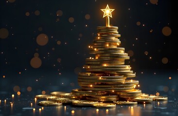Christmas tree made of gold coins with sequins on a dark background. A New Year's concept of investing and finance with a place for text. The concept of investing money in real estate
