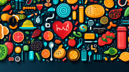 Obraz premium Colorful Illustrations of Healthy Food and Nutrition Icons.