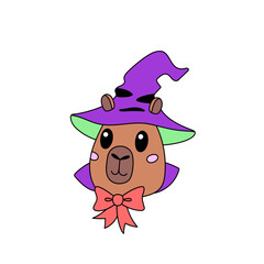 Funny animal capybara in wizard hat with with smiling face. Сlipart on the theme of fairy tales and magic. Design element for October holiday Halloween