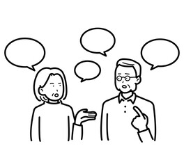 会話、話し合いをするシニアの夫婦のイラスト　線画のみ