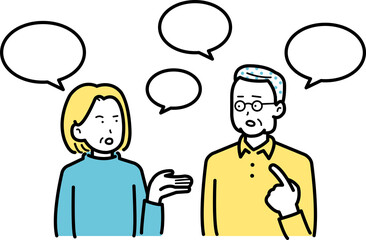 会話、話し合いをするシニアの夫婦のイラスト
