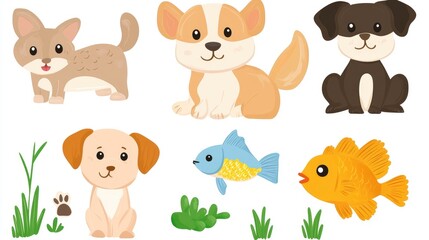 Fototapeta premium Cartoon pets in vector form, displaying playful poses of a dog, cat, rabbit, bird, and fish, with a minimalist white background.