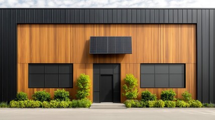 Mixeduse industrial building with solar panelcovered facade, combining concrete, steel, and natural materials in a modern ecofriendly design