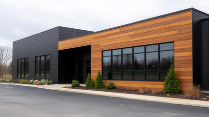 Modern industrial building with recycled metal and timber, showcasing large windows for natural light and ecofriendly insulation materials