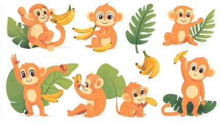 Obraz premium Cute monkey characters in various activities like eating bananas, hanging upside down, and more, in a colorful vector set.
