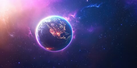 Obraz premium Beautiful galaxy and planet background with a glowing planet and swirling nebulas in the deep expanse of space.