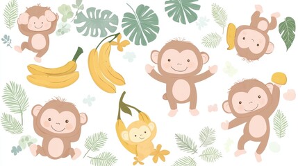Obraz premium Cute monkey characters in various activities like eating bananas, hanging upside down, and more, in a colorful vector set.