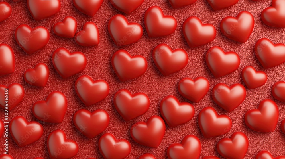 Poster bold red heart pattern background with tiny hearts neatly aligned in rows and columns.