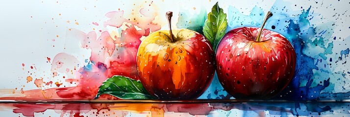 Two apples are painted on a colorful background. The apples are red and green, and they are surrounded by a splash of color. The painting conveys a sense of freshness and vitality
