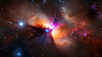 Obraz premium Bright galaxy stars in the background, surrounded by glowing nebulae and cosmic clouds.