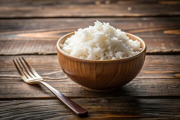 Steamed white rice in bowl on rustic table with fork, simple and healthy meal with depth of field