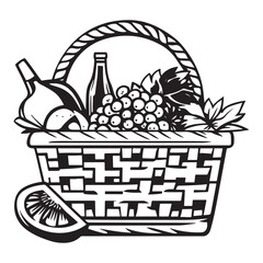 Fototapeta premium A basket filled with various fruits silhouette vector illustration on white background, Black and white coloring page food basket