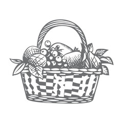 Fototapeta premium A basket filled with various fruits silhouette vector illustration on white background, Black and white coloring page food basket