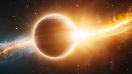 Naklejka premium Distant planet in a galaxy background with glowing stars and a swirling nebula, creating a surreal space scene.