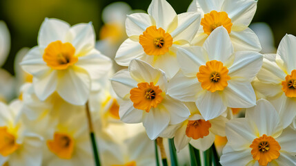 Fototapeta premium A close-up shot of white daffodils with pristine white petals and bright yellow centers, showcasing their large flower heads in full bloom.