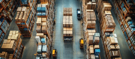 Fototapeta premium An overhead view of a warehouse with two forklifts moving boxes between aisles of shelves.