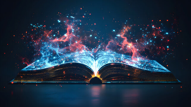 Futuristic technology low polygonal glowing open book isolated on dark background