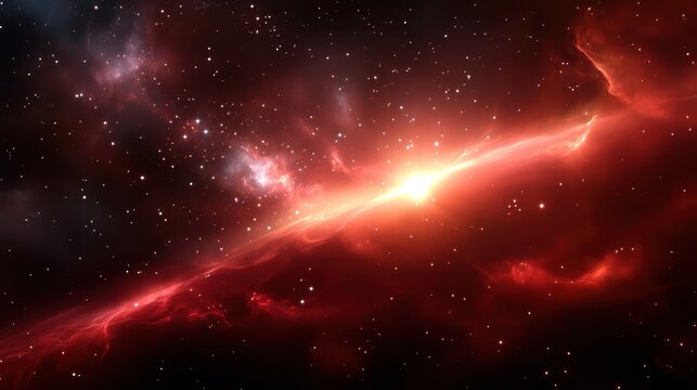 Fiery red galaxy background featuring glowing nebula clouds, distant stars, and swirling cosmic dust.