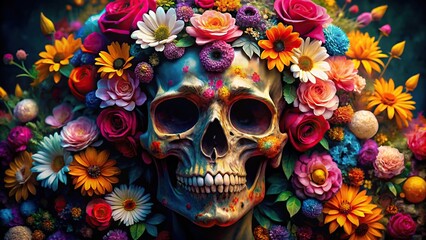 Skull painting adorned with colorful flowers Macro