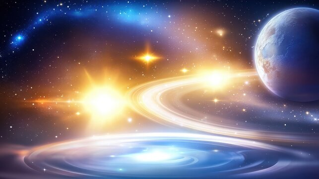 Galaxy stars background with clusters of glowing stars and swirling cosmic dust in a vast space scene.