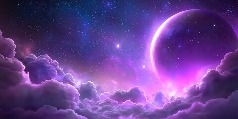 Glowing purple galaxy background with twinkling stars and nebula clouds, creating a magical cosmic atmosphere.