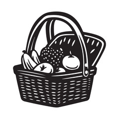 Fototapeta premium A basket filled with various fruits silhouette vector illustration on white background, Black and white coloring page food basket