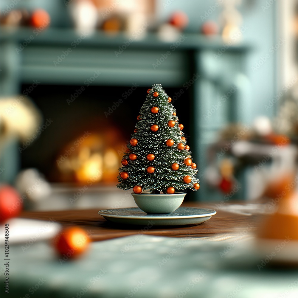 Wall mural Miniature Christmas Tree on Tabletop.