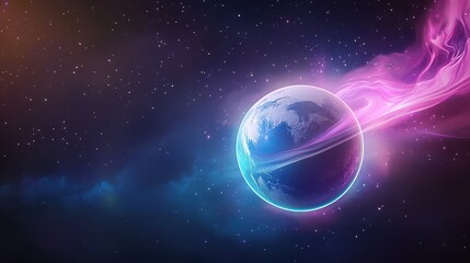 Fototapeta premium Large planet in a galaxy background with vibrant colors, surrounded by swirling cosmic dust and stars.