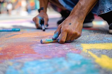 A Hand Holding a Colorful Chalk Stick on a Pavement Artwork