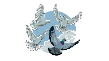 pegions sketch Hand drawn flying animals. Sign of peace and purilty. White birds flying in sky. 