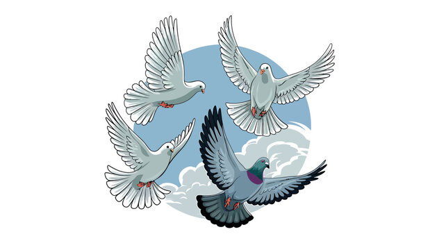 pegions sketch Hand drawn flying animals. Sign of peace and purilty. White birds flying in sky. 