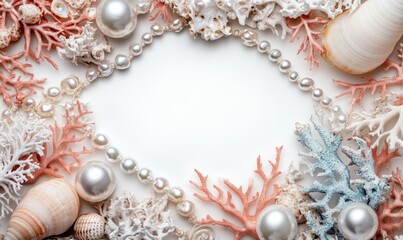 Obraz premium sea coral shells and pearl necklace on a light background.
