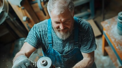 Meticulous metalworker showcases dedication to fine craftsmanship while operating a high precision grinding machine in a modern industrial workshop