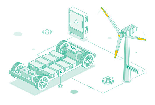 Electric car platform with transformer and wind turbine. Chassis with lithium battery cells pack. Modular system. Isometric outline object isolated on white background. Ecosystem.