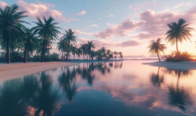 Obraz premium Serene tropical lagoon at sunrise, with calm waters reflecting the sky and palm trees lining the shore