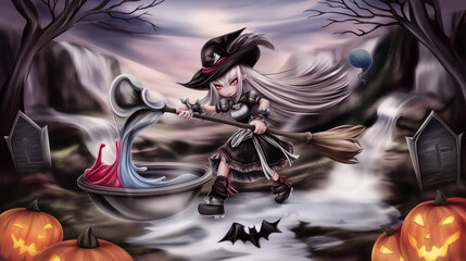 Witch girl mixing potions near pumpkins in graveyard.