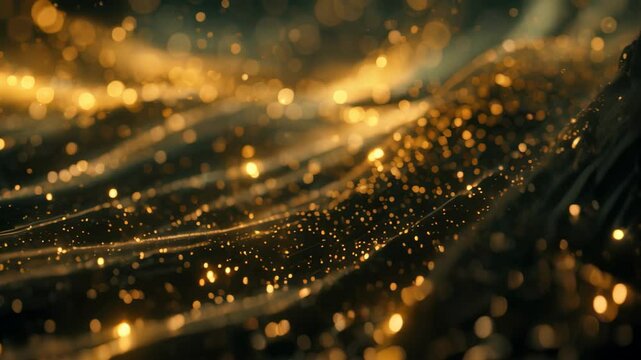 Abstract Video of glowing topaz sparkles in luminous trails against a black background, Luminous trails of glistening sparkles