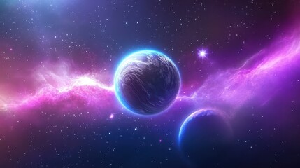 Obraz premium Mysterious galaxy background with a distant planet, star clusters, and glowing nebula clouds in deep space.