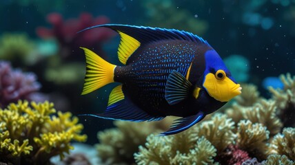A vibrant blue and yellow angelfish swims gracefully through a coral reef.