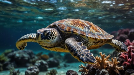 A green sea turtle swims through crystal clear water over colorful coral reefs.