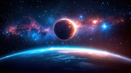 Obraz premium A swirling nebula with bright colorful clouds of gas illuminated by stars