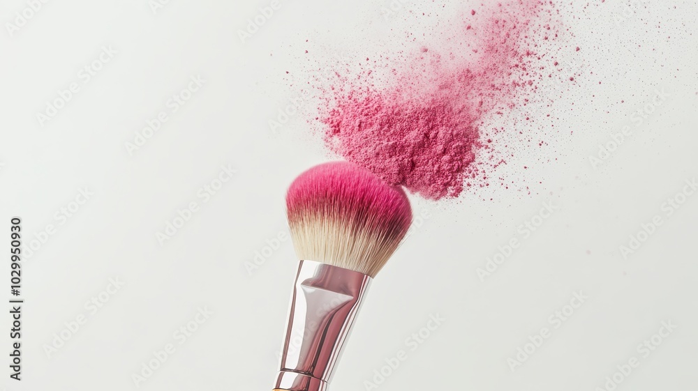 Sticker make up brushes with pink powder splashes isolated on studio backdrop,makeup artist tools,an array o