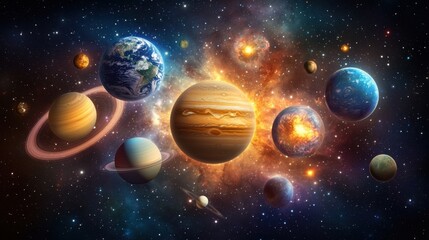 Naklejka premium Multiple planets orbiting in a distant solar system, surrounded by vibrant nebulae and stars