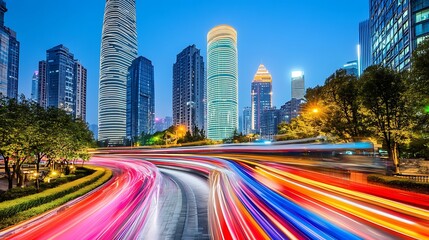 Obraz premium Night cityscape with blurred light trails of traffic on a curved road in front of tall skyscrapers Abstract Gradient Background with Copy Space
