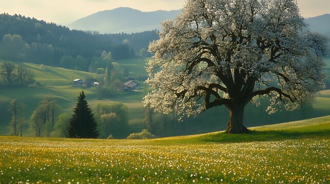 A picturesque landscape with a blooming cherry tree in the foreground and rolling h