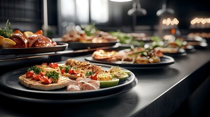 Elegant buffet scene showcasing perfectly grilled meats and gourmet dishes surrounded by luxurious decor and warm inviting lighting that highlights the refinement and premium of the dining experience
